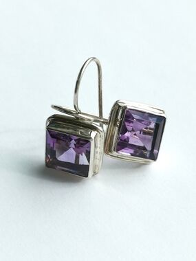 Modernist square cut Amethyst sterling silver drop earrings 🆕